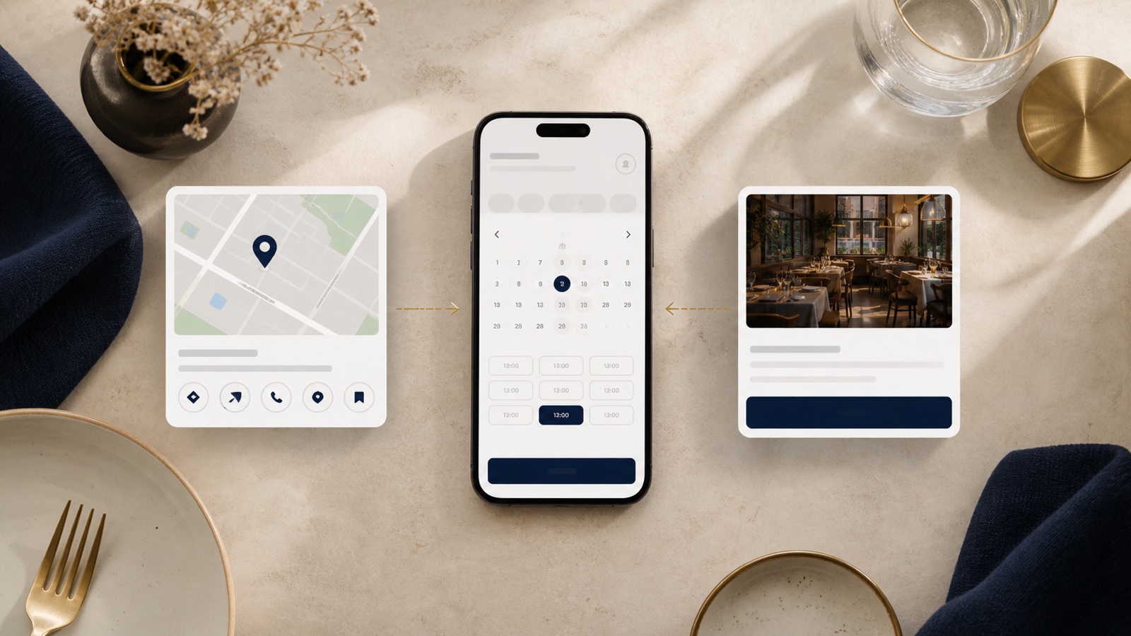 Restaurant booking path from Google Maps and a website to a mobile reservation calendar