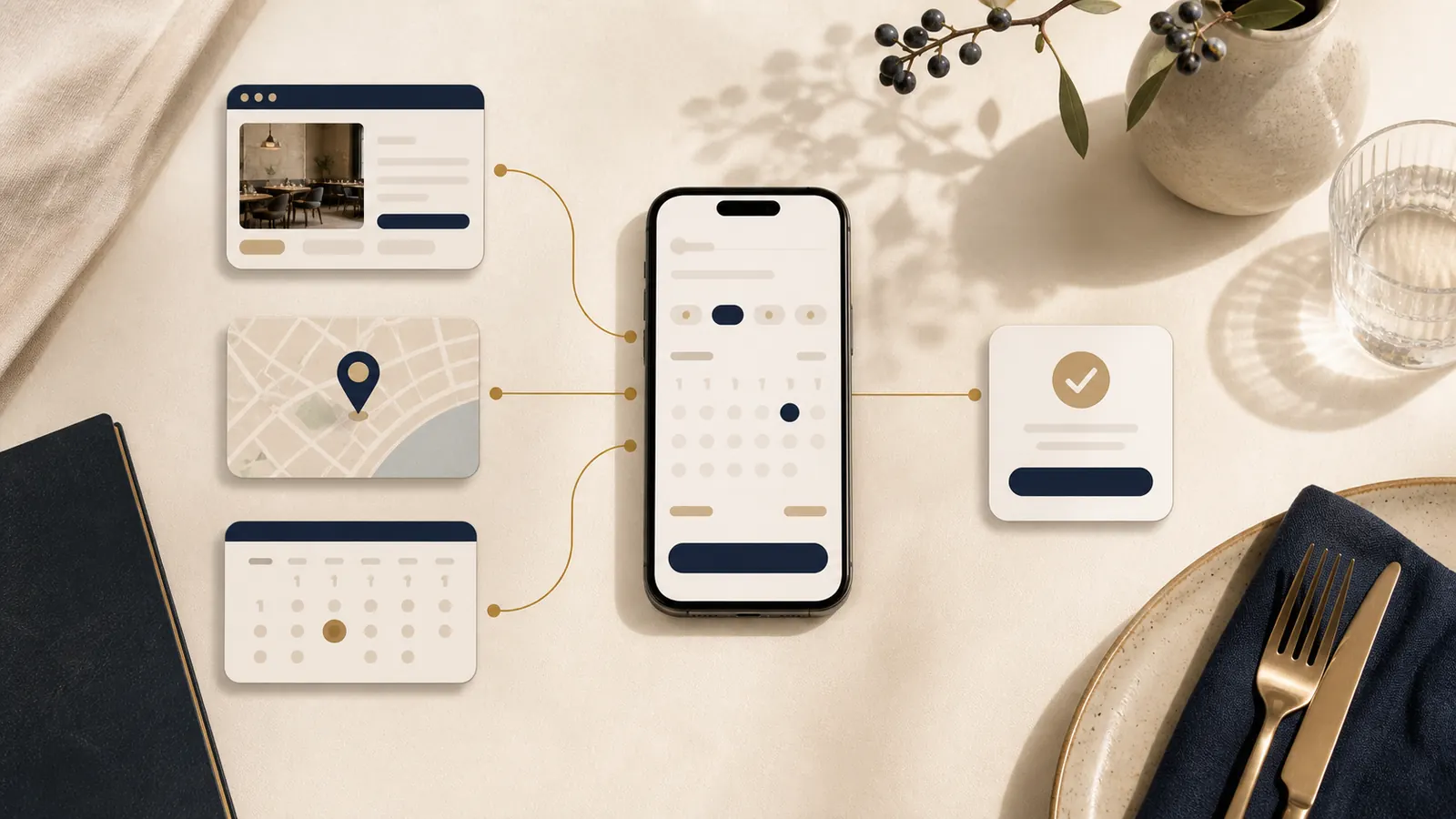 Editorial booking path with a website card, map card, calendar, phone booking interface, and confirmation card