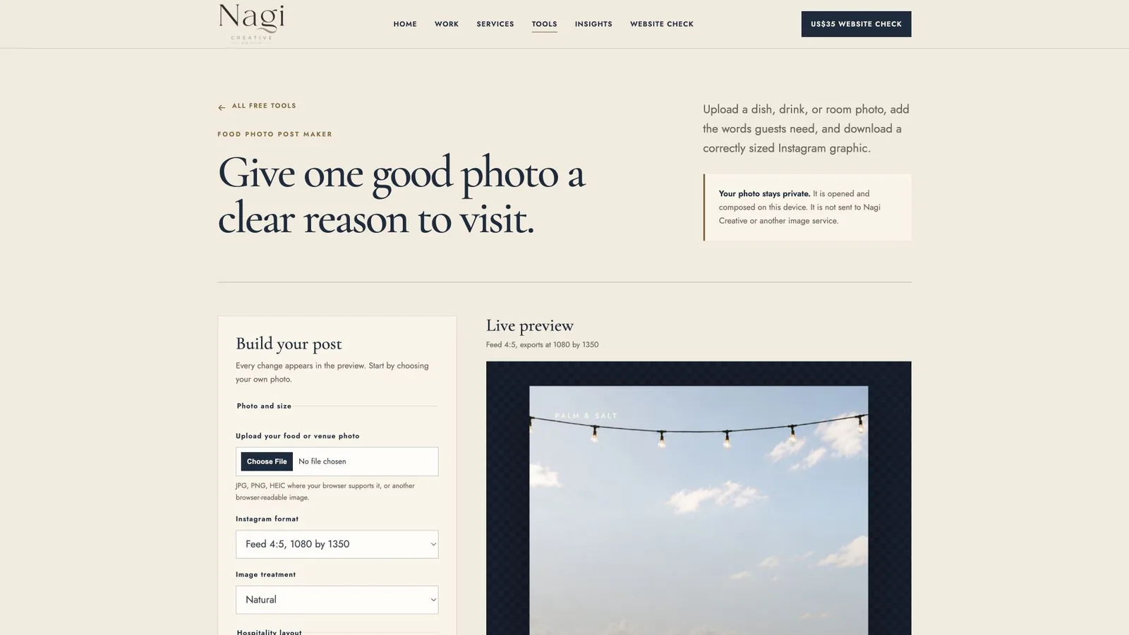 Nagi Creative Food Photo Post Maker with photo and format controls beside a 4:5 portrait post preview