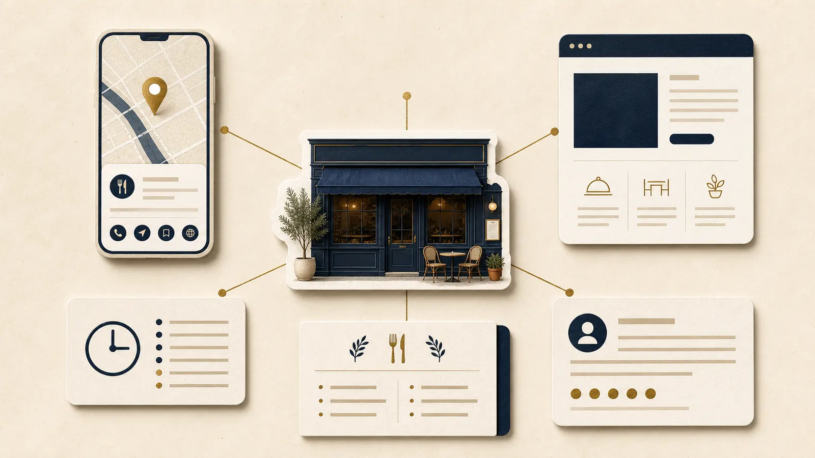 Editorial local search scene with map pins, restaurant details, and a phone search result