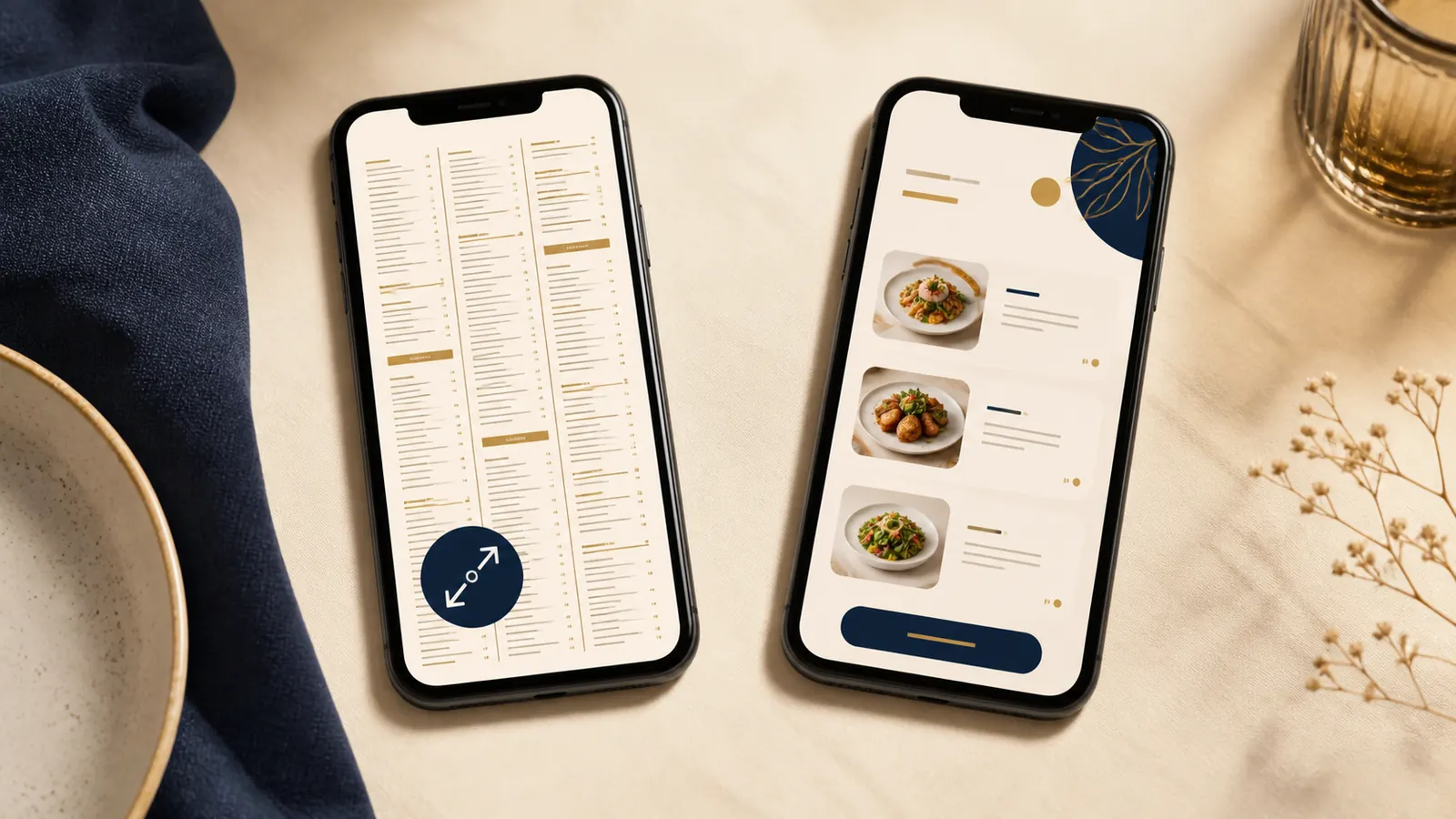 Editorial comparison of a dense menu document and a clear menu page on a phone