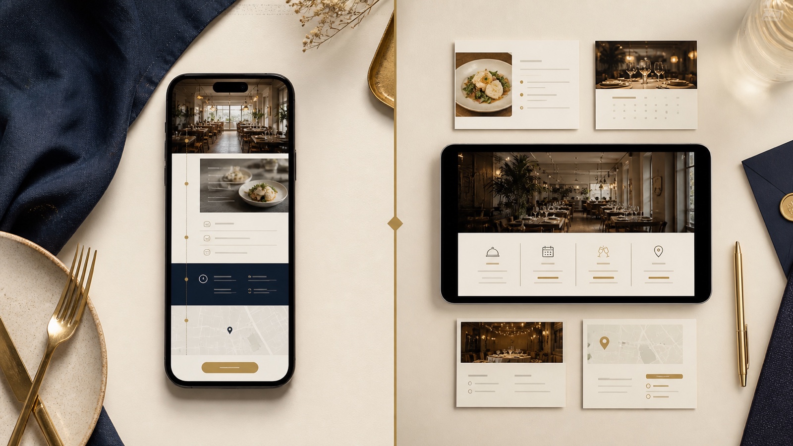 One page restaurant website on a phone compared with a multi page site map on a tablet
