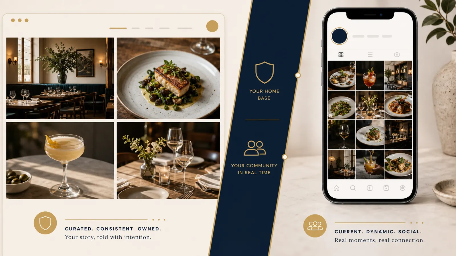Curated website gallery of food and hospitality photographs on the left, with a social photo grid displayed on a phone on the right