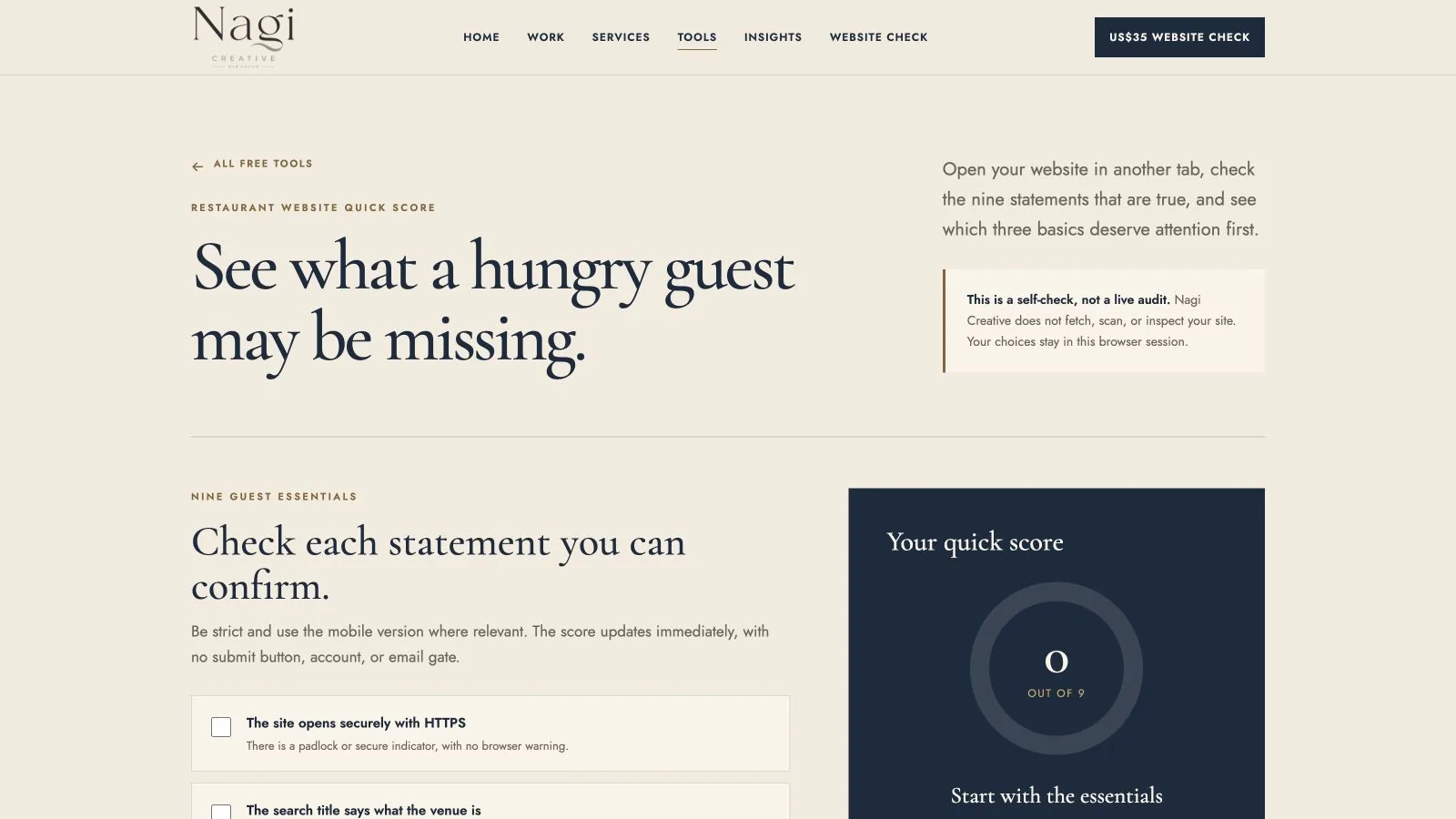 Nagi Creative Restaurant Website Quick Score showing its nine guest essentials checklist and score panel