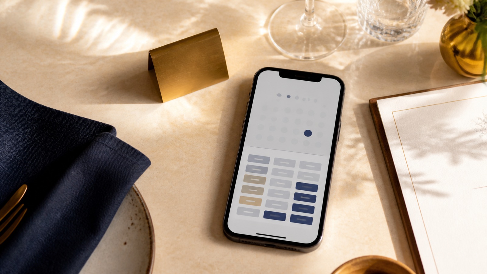 Restaurant table with a phone showing a simple reservation calendar and available time choices