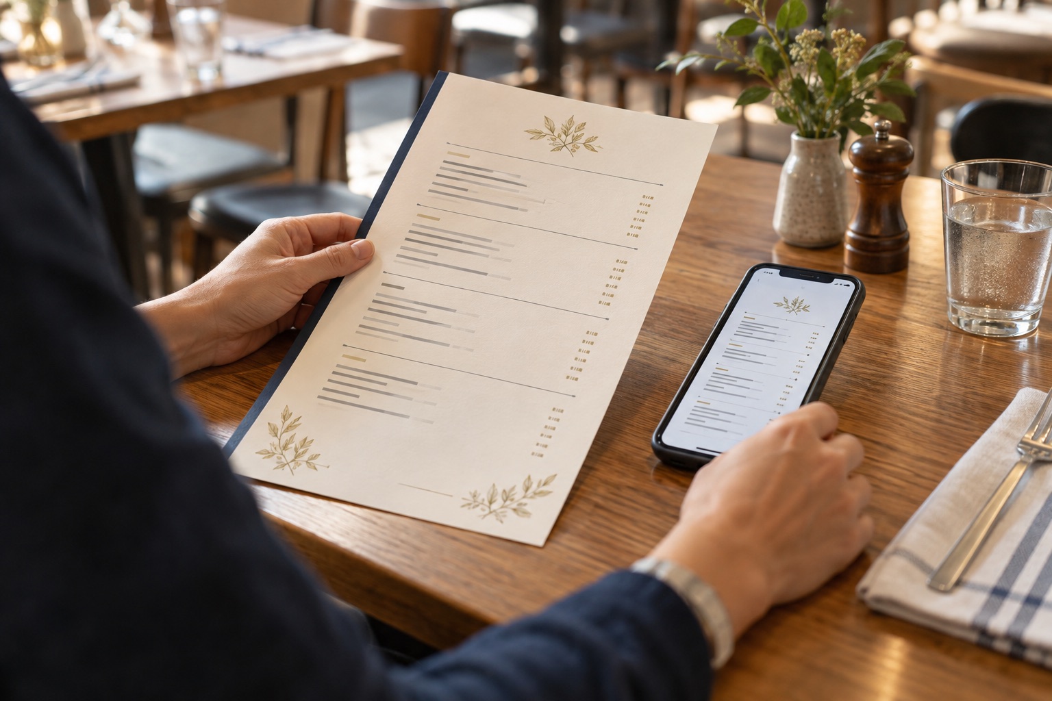 Restaurant owner reviewing menu prices on a printed menu and smartphone