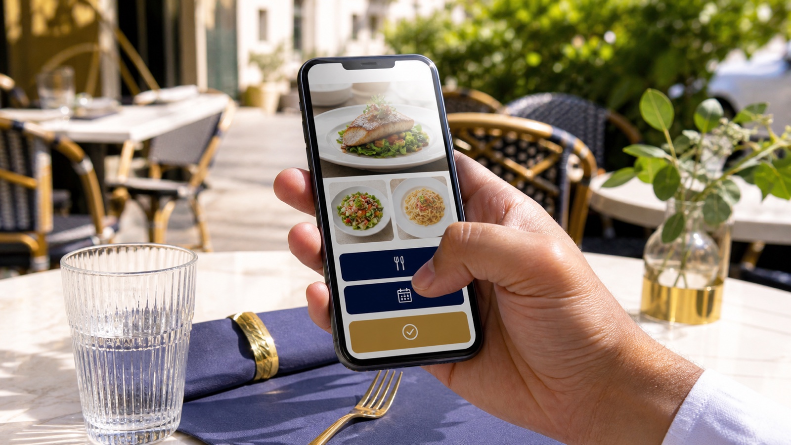 Restaurant guest using a mobile website one handed to view dishes and reach key actions