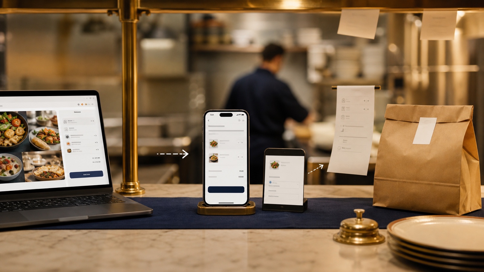 Restaurant online ordering journey from website and phone to kitchen ticket and takeaway bag