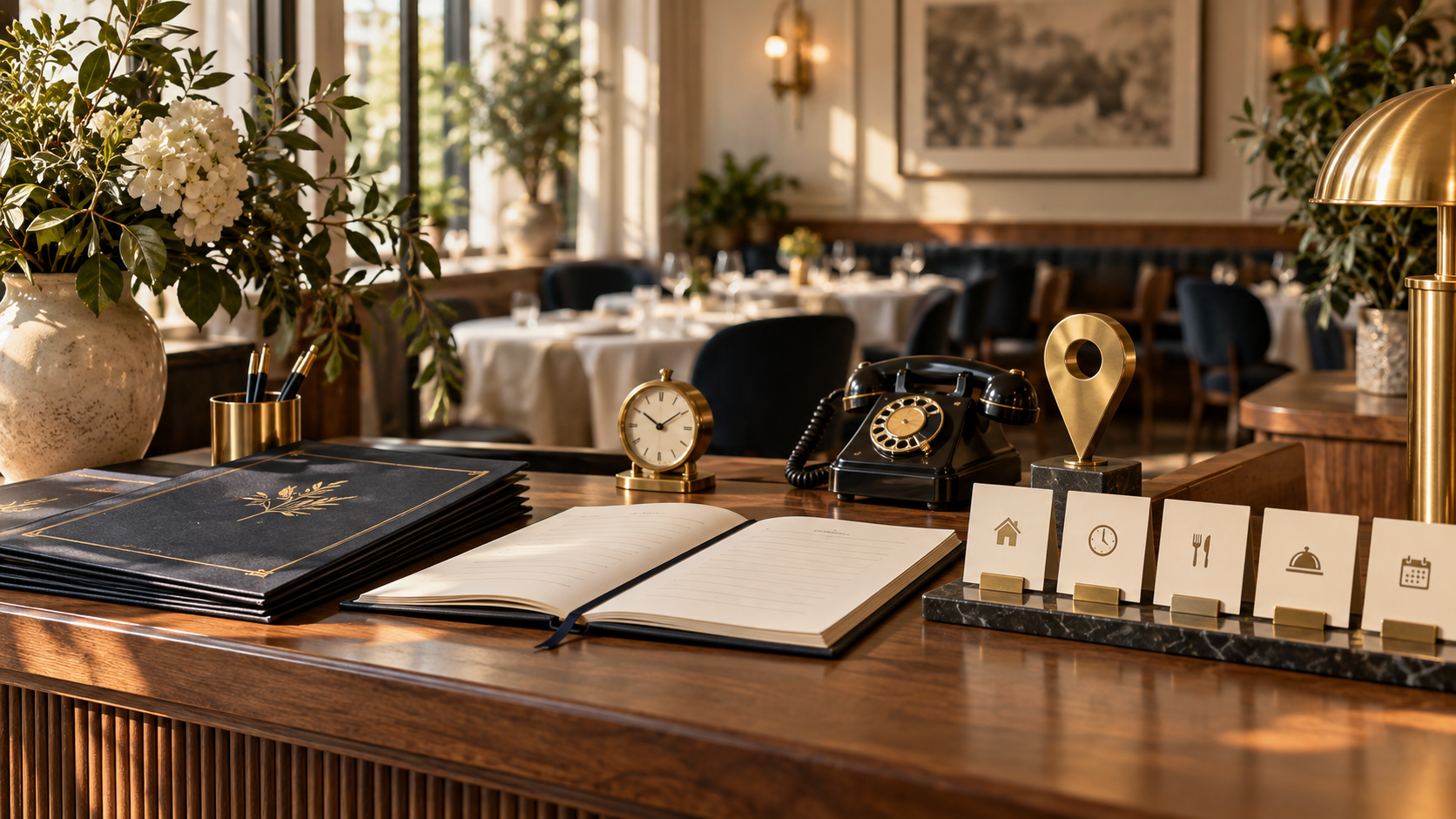 Restaurant host desk with menu, telephone, opening hours, and location details arranged for an owner review