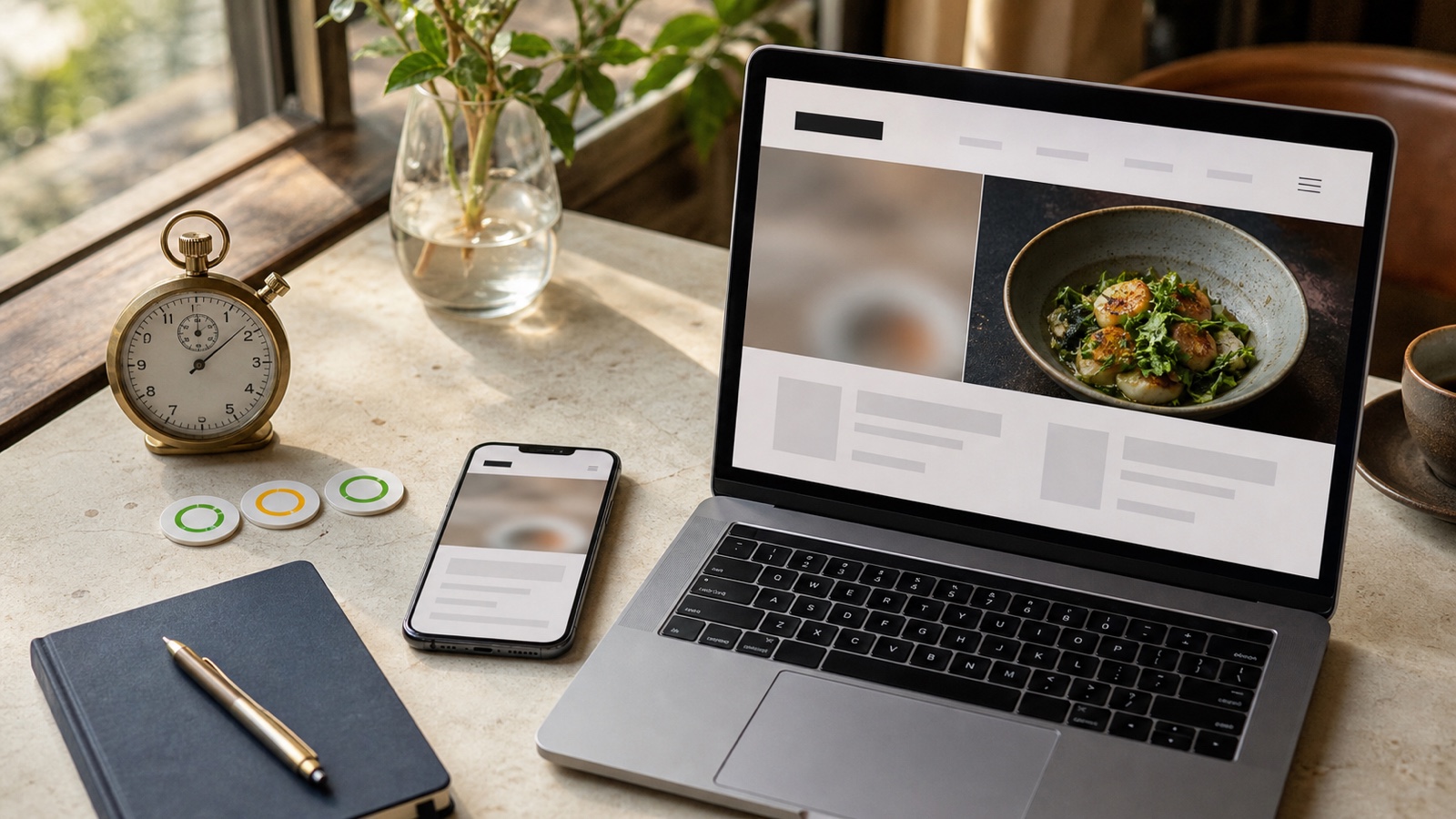 Restaurant website on a laptop and phone beside a stopwatch and performance indicators