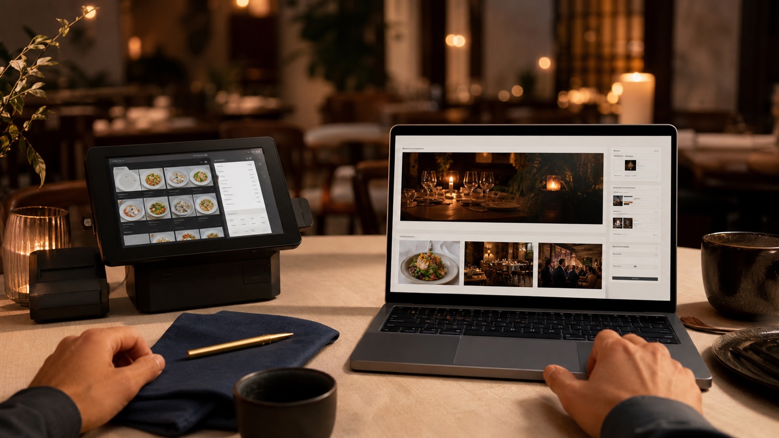 Restaurant owner comparing a point of sale ordering system with a branded website editor