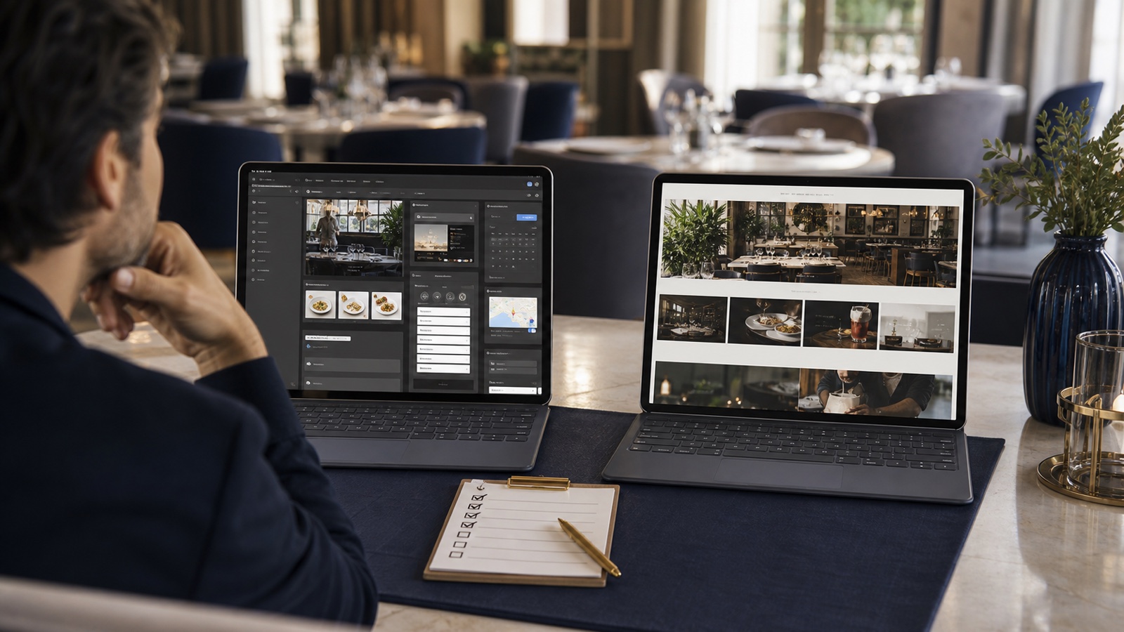 Restaurant owner comparing website builder interfaces and a finished hospitality website